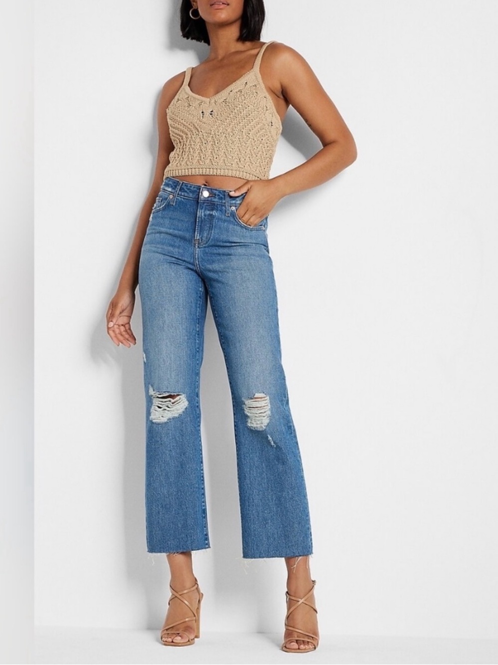 High-Rise Wide-Leg Cropped Leather Distressed Jeans - Blue